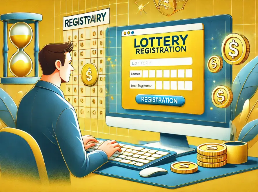 DALL·E 2025 02 07 15.33.34 A digital illustration of an online lottery registration scene. A computer screen displays a bright yellow website with a registration form. A middle